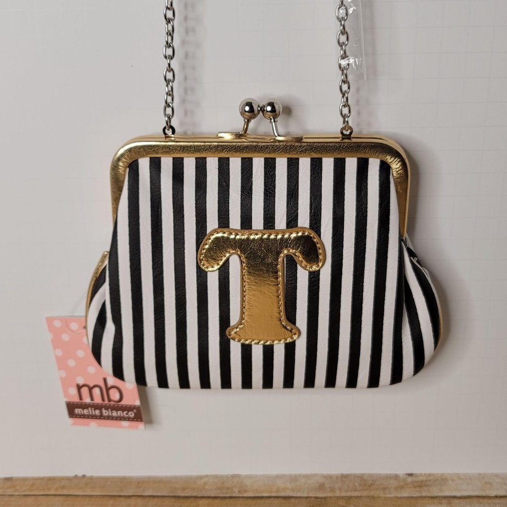 Melie Bianco Personalized Crossbody Bag Handbag Striped with Gold Letter T